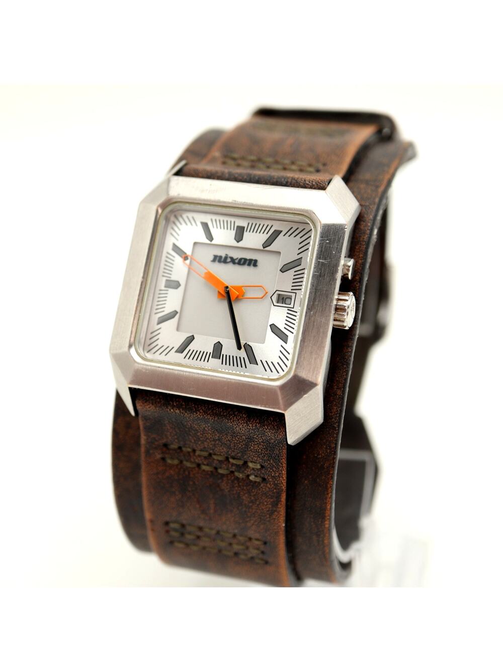 Nixon The Vector 35mm Square Watch Backlight Wide Brown Leather w New Battery